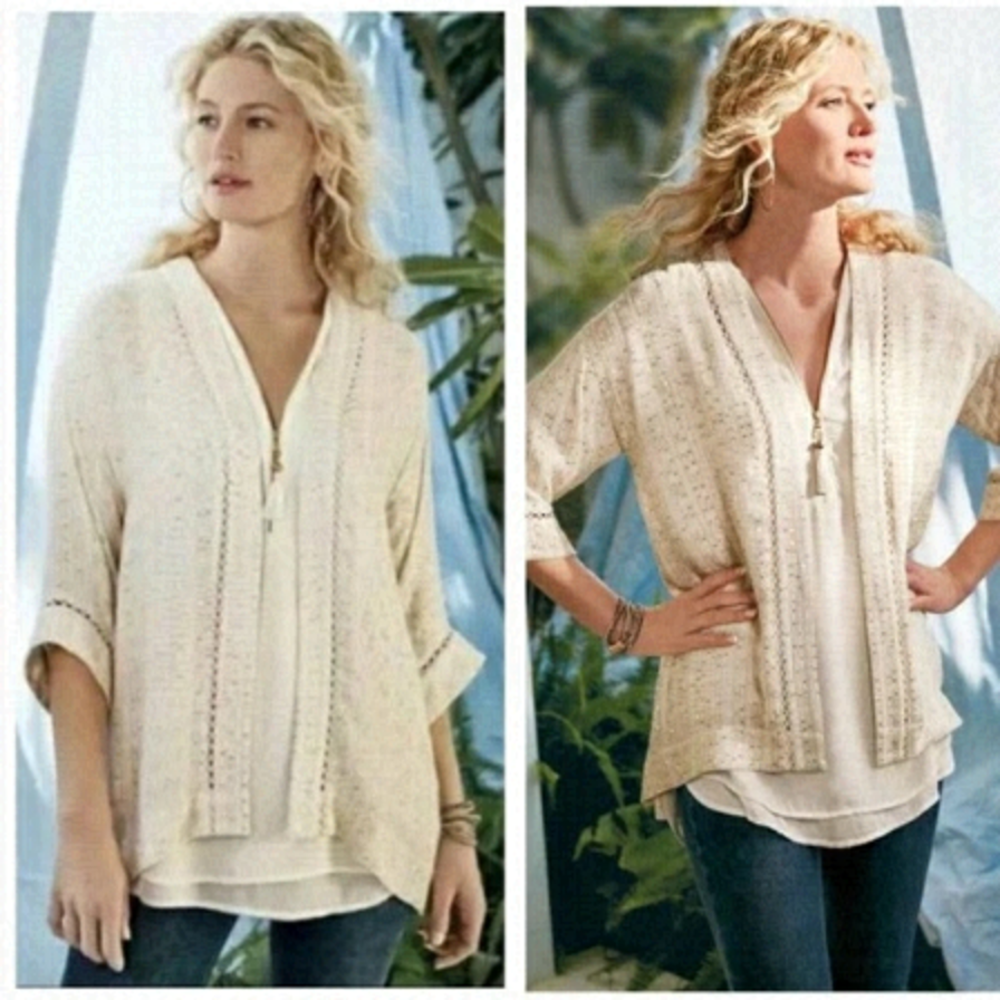 New Soft Surroundings Cream Sequin Glamour Topper Kimono Cardigan Petite SMALL